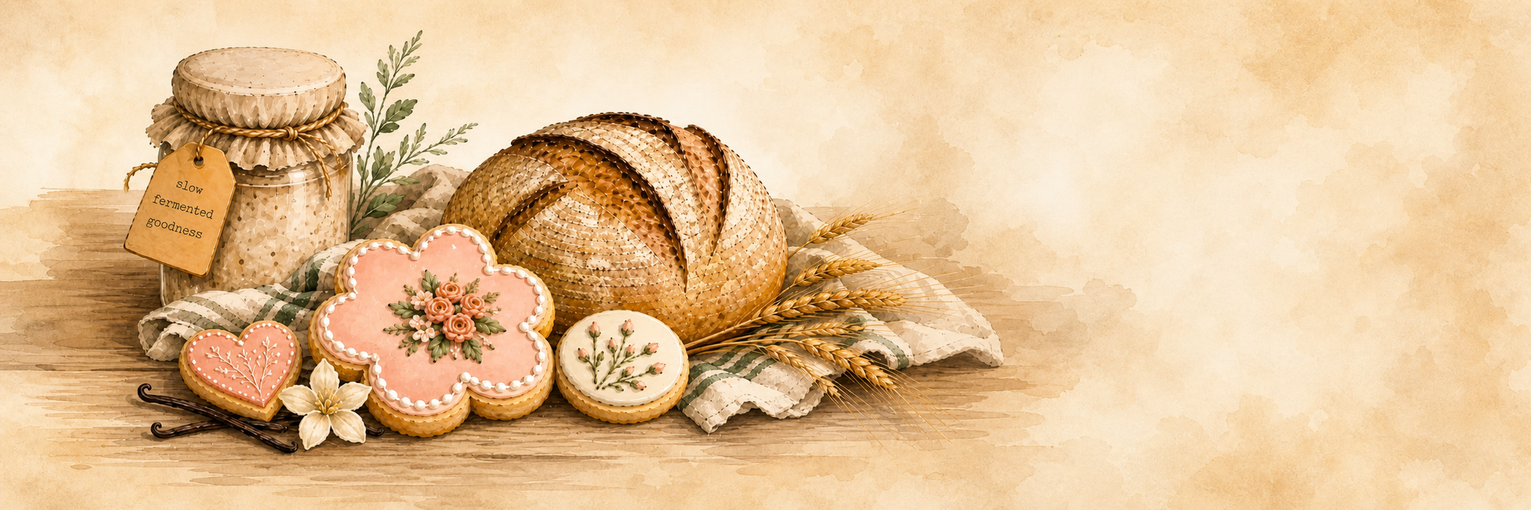Artisan sourdough bread, decorated cookies, mason jar and wheat on linen